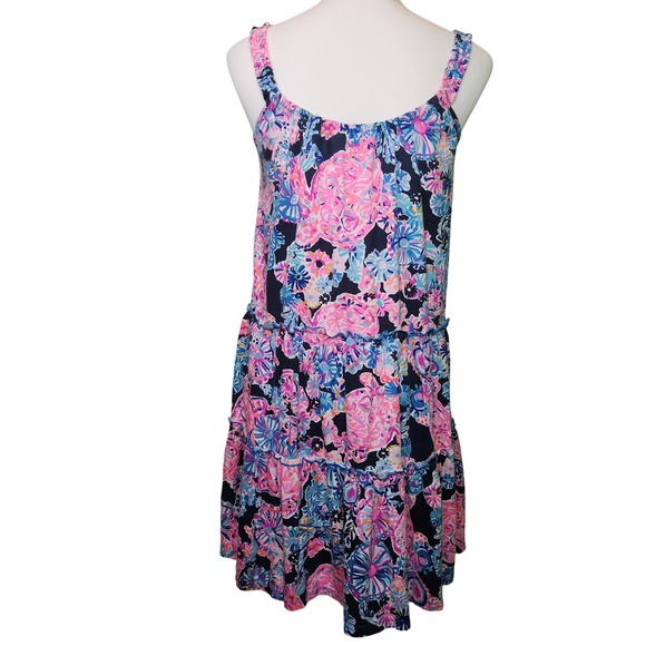 Lilly Pulitzer Pink Blue Floral Turtle Tiered Cotton Mini Sun Dress XS - Picture 2 of 8